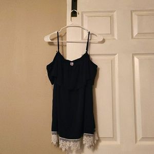 Navy Blue with white lace off the shoulder blouse
